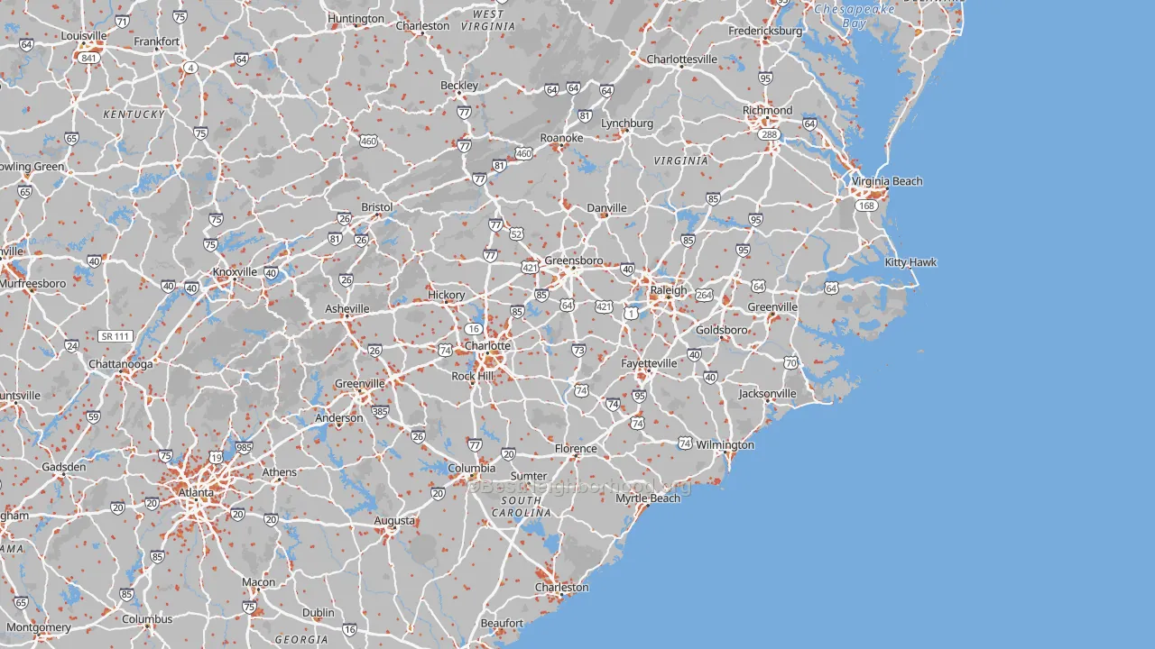 Walk Grade map of North Carolina, walkable areas in green and car-dependent areas in red