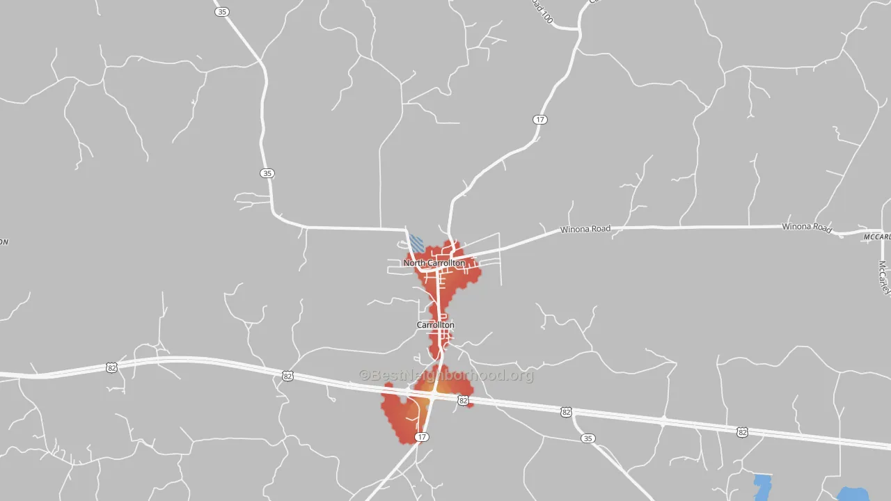 Walk Grade map of North Carrollton, MS, walkable areas in green and car-dependent areas in red