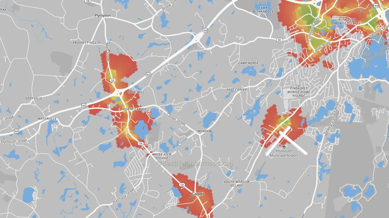 Walk Grade map of North Carver, MA, walkable areas in green and car-dependent areas in red