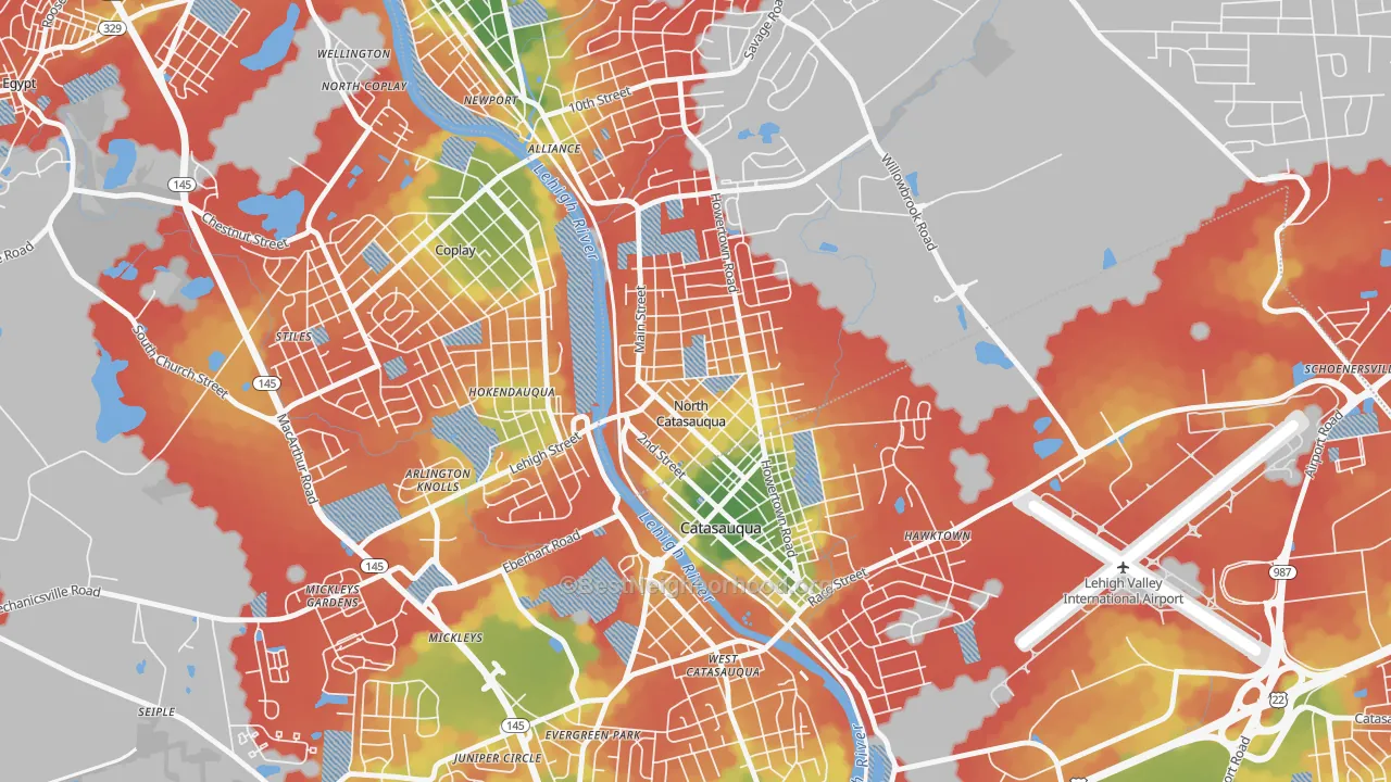 Walk Grade map of North Catasauqua, PA, walkable areas in green and car-dependent areas in red