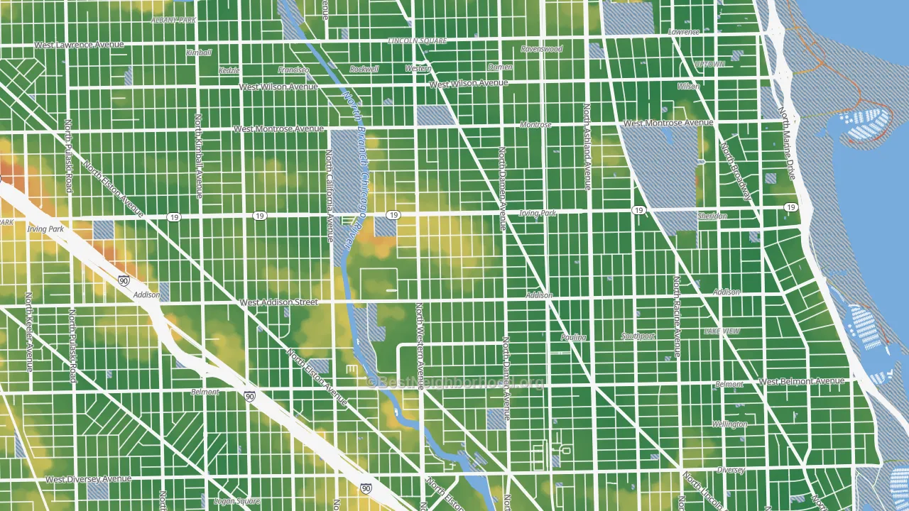 Walk Grade map of North Center, Chicago, IL, walkable areas in green and car-dependent areas in red