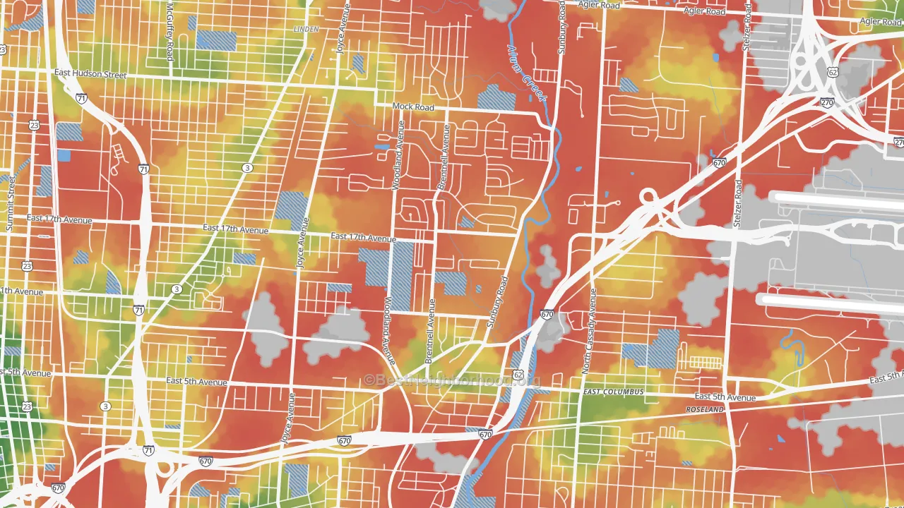 Walk Grade map of North Central, Columbus, OH, walkable areas in green and car-dependent areas in red