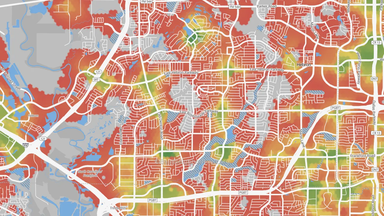 Walk Grade map of North Central Dallas, Carrollton, TX, walkable areas in green and car-dependent areas in red