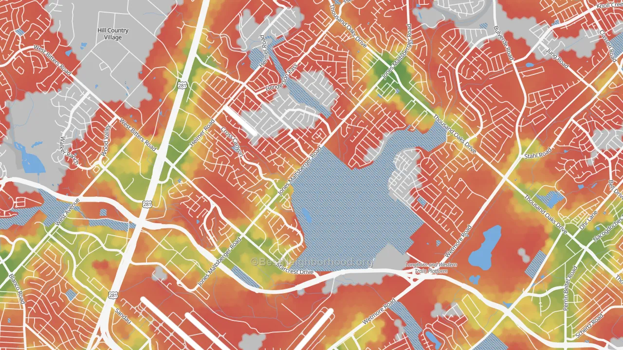 Walk Grade map of North Central Heritage, San Antonio, TX, walkable areas in green and car-dependent areas in red