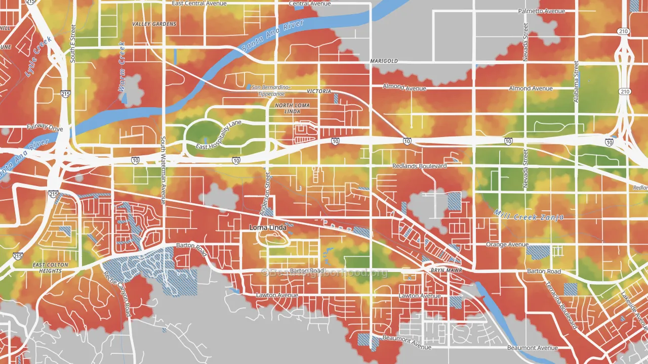 Walk Grade map of North Central Loma Linda, Loma Linda, CA, walkable areas in green and car-dependent areas in red