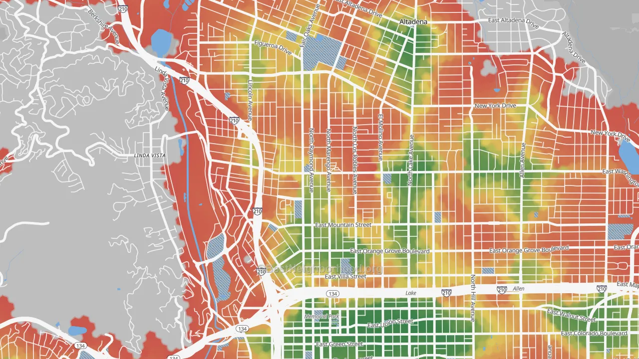 Walk Grade map of North Central, Pasadena, CA, walkable areas in green and car-dependent areas in red