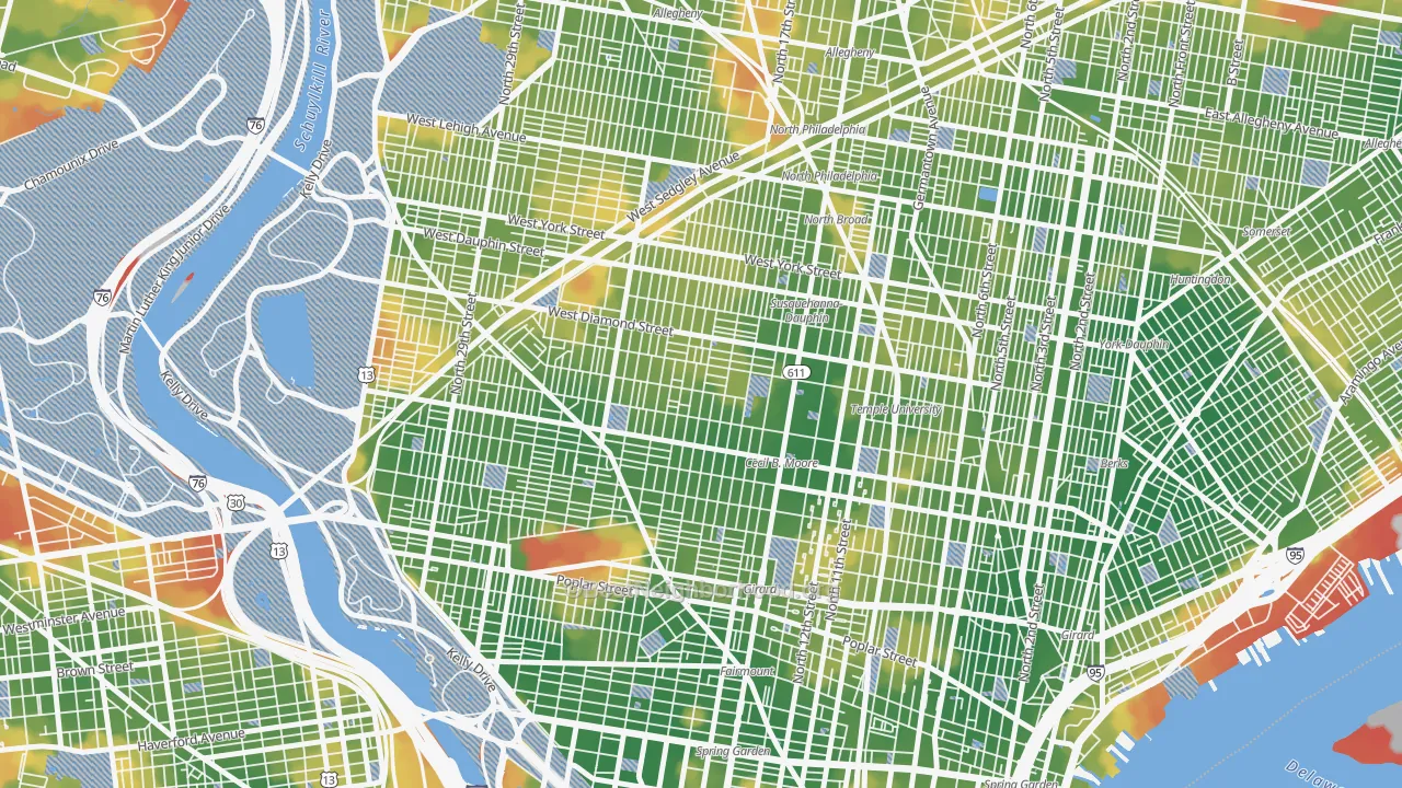 Walk Grade map of North Central, Philadelphia, PA, walkable areas in green and car-dependent areas in red