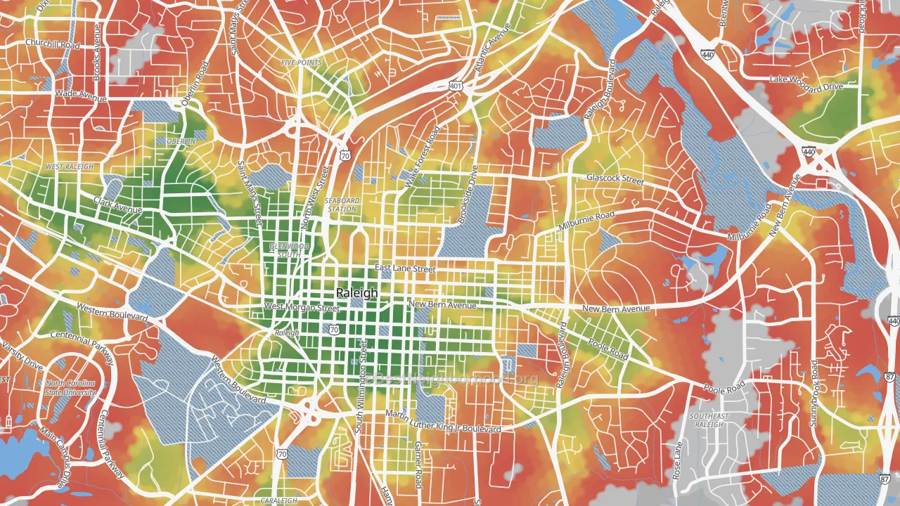 Walk Grade map of North Central, Raleigh, NC, walkable areas in green and car-dependent areas in red
