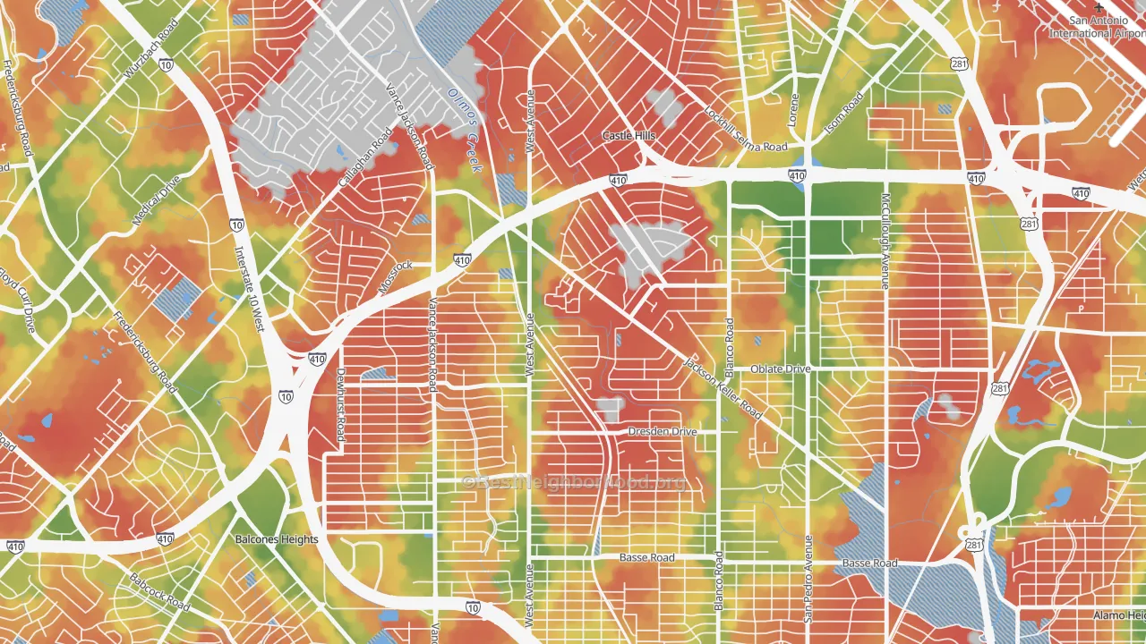 Walk Grade map of North Central, San Antonio, TX, walkable areas in green and car-dependent areas in red