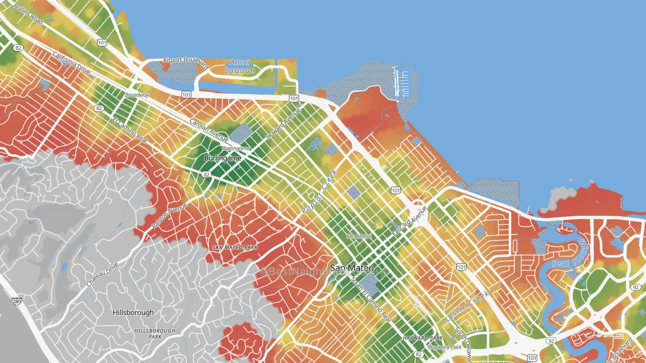 Walk Grade map of North Central San Francisco, San Mateo, CA, walkable areas in green and car-dependent areas in red