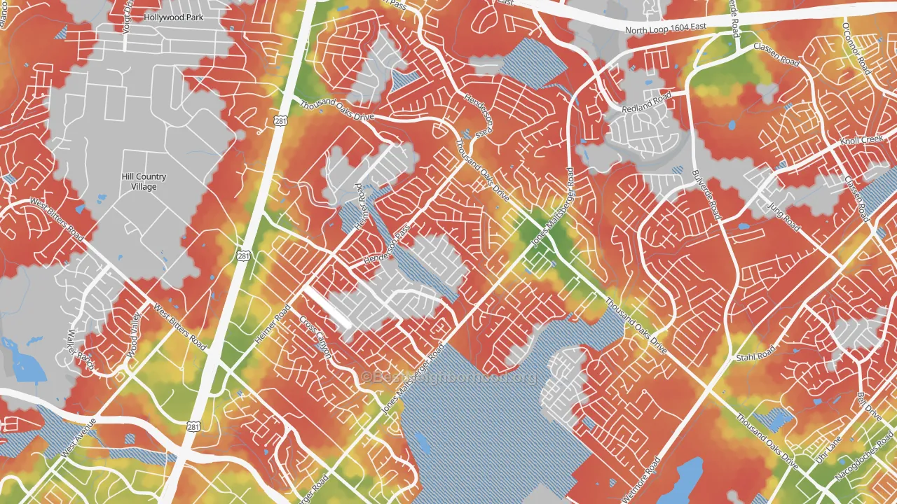Walk Grade map of North Central Thousand Oaks, San Antonio, TX, walkable areas in green and car-dependent areas in red