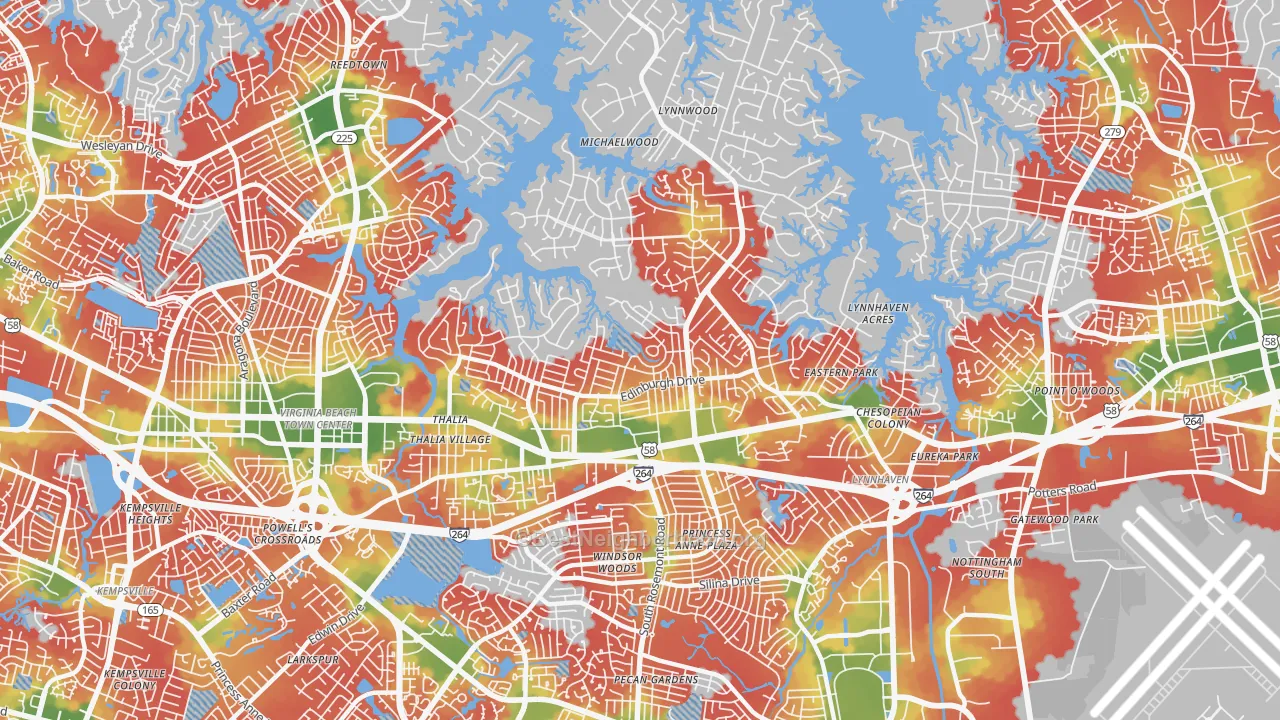 Walk Grade map of North Central, Virginia Beach, VA, walkable areas in green and car-dependent areas in red