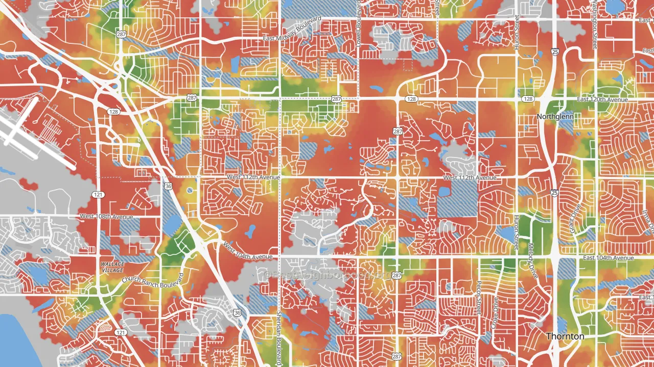 Walk Grade map of North Central Westminster, Westminster, CO, walkable areas in green and car-dependent areas in red