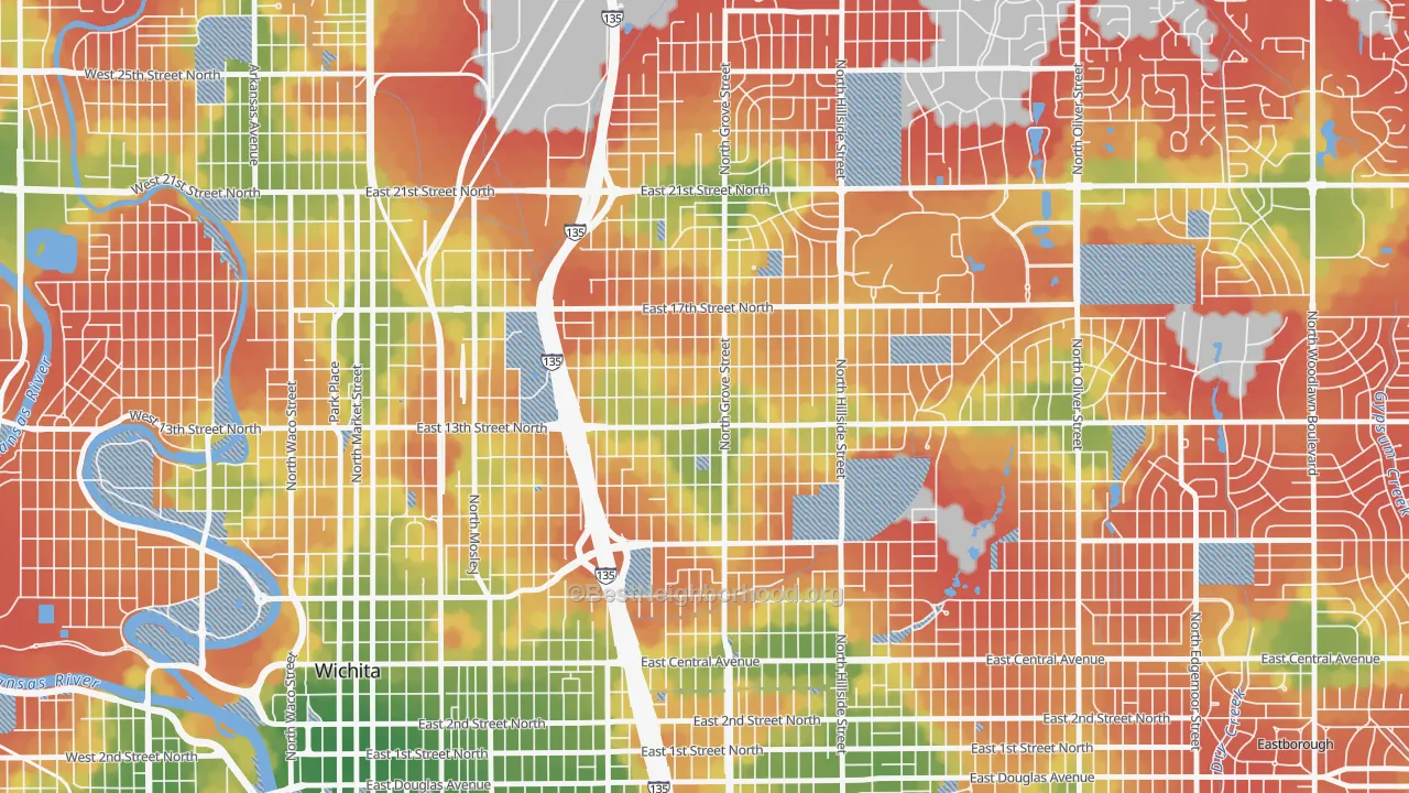 Walk Grade map of North Central, Wichita, KS, walkable areas in green and car-dependent areas in red
