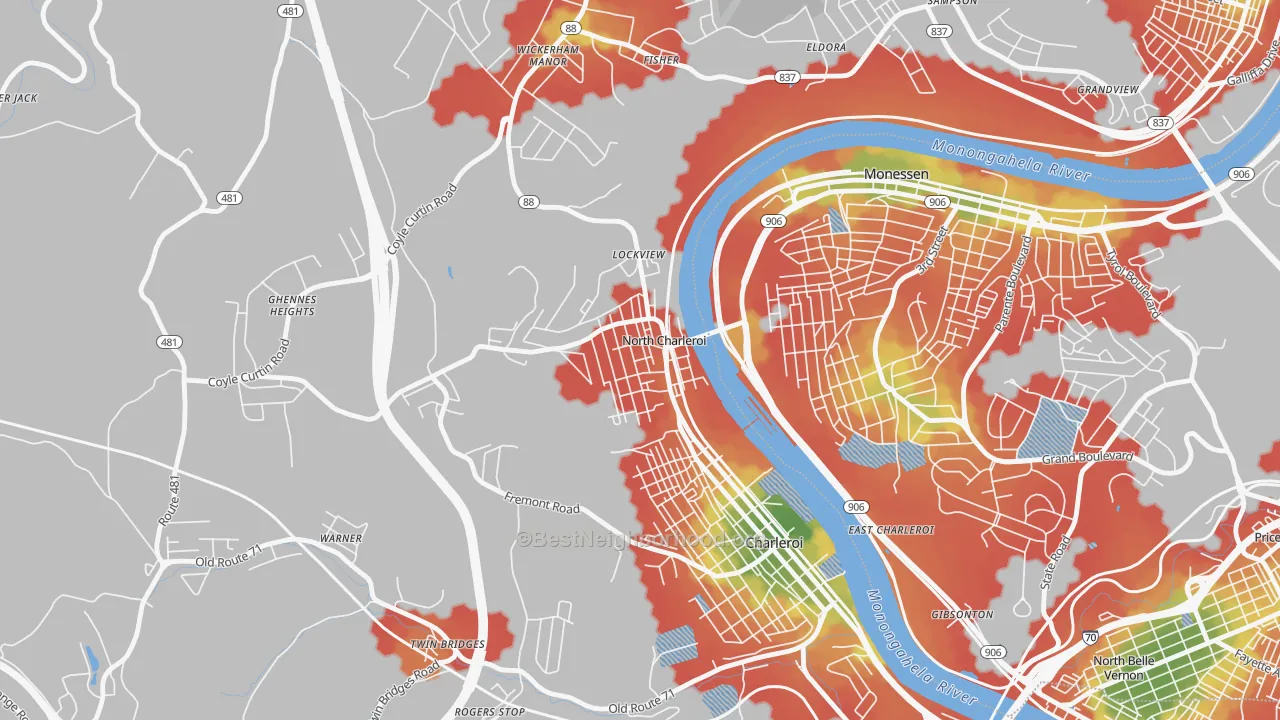 Walk Grade map of North Charleroi, PA, walkable areas in green and car-dependent areas in red