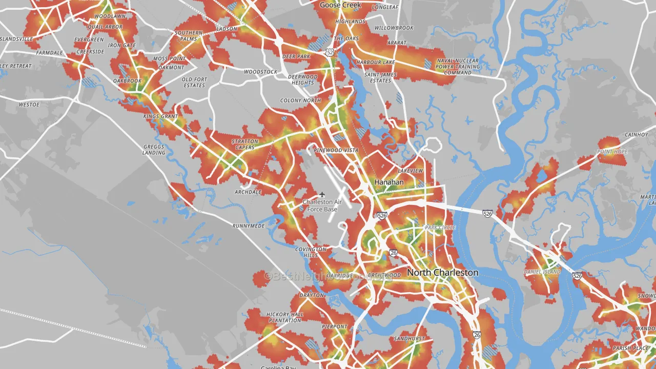 Walk Grade map of North Charleston, SC, walkable areas in green and car-dependent areas in red