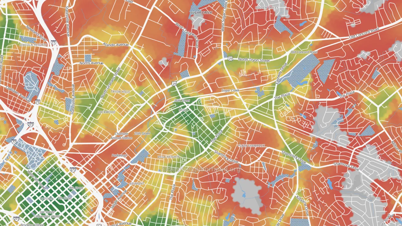 Walk Grade map of North Charlotte, Charlotte, NC, walkable areas in green and car-dependent areas in red