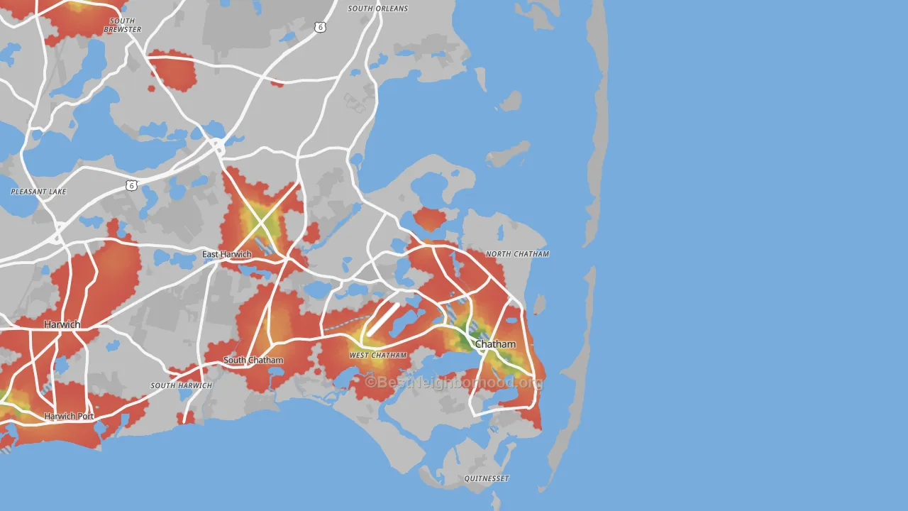 Walk Grade map of North Chatham, MA, walkable areas in green and car-dependent areas in red