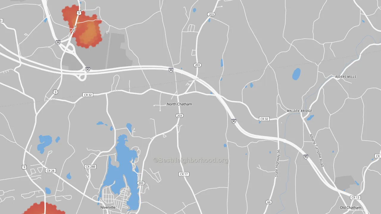 Walk Grade map of North Chatham, NY, walkable areas in green and car-dependent areas in red