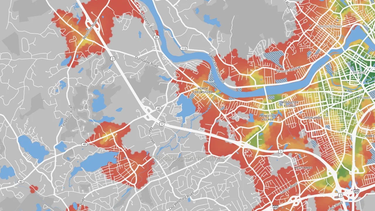 Walk Grade map of North Chelmsford, MA, walkable areas in green and car-dependent areas in red