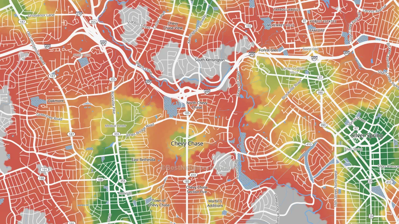 Walk Grade map of North Chevy Chase, MD, walkable areas in green and car-dependent areas in red