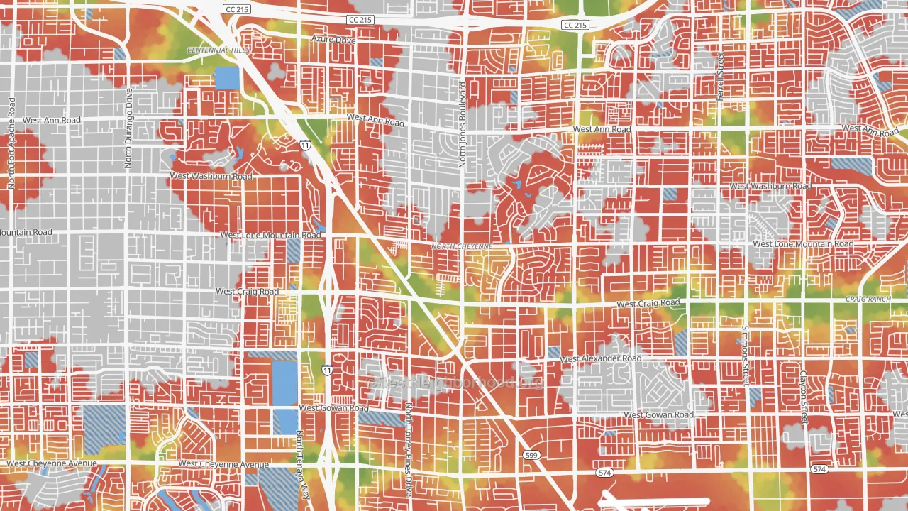 Walk Grade map of North Cheyenne, Las Vegas, NV, walkable areas in green and car-dependent areas in red