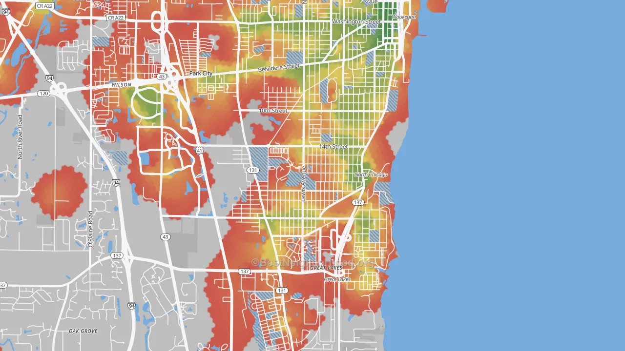 Walk Grade map of North Chicago, IL, walkable areas in green and car-dependent areas in red