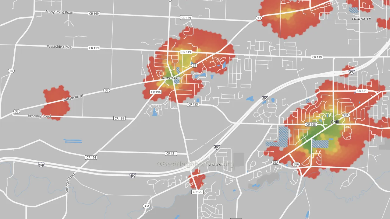 Walk Grade map of North Chili, NY, walkable areas in green and car-dependent areas in red