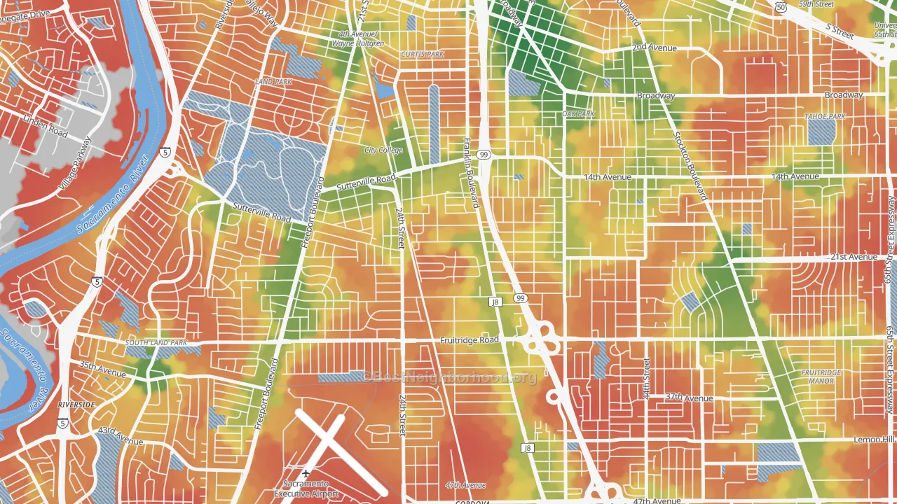 Walk Grade map of North City Farms, Sacramento, CA, walkable areas in green and car-dependent areas in red