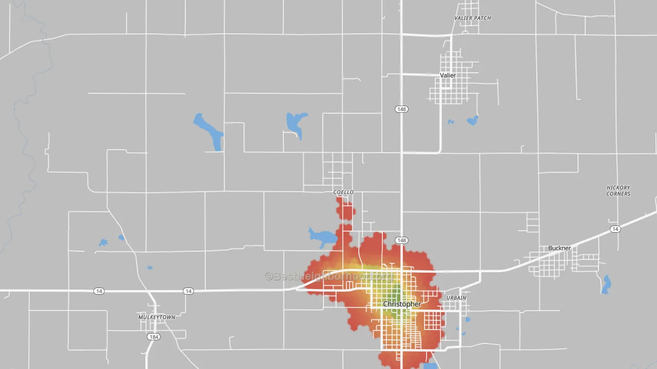 Walk Grade map of North City, IL, walkable areas in green and car-dependent areas in red
