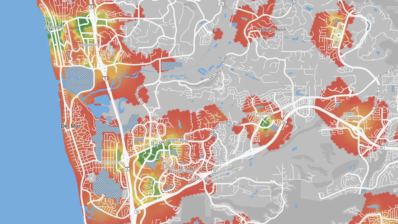 Walk Grade map of North City, San Diego, CA, walkable areas in green and car-dependent areas in red