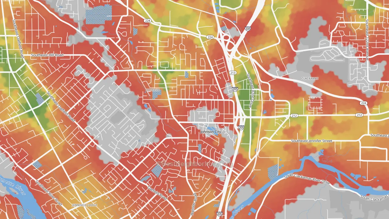 Walk Grade map of North Clackamas, Oatfield, OR, walkable areas in green and car-dependent areas in red