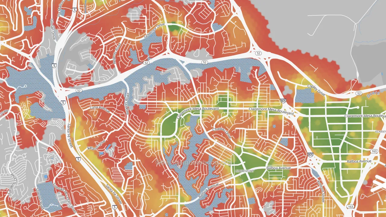 Walk Grade map of North Clairemont, San Diego, CA, walkable areas in green and car-dependent areas in red