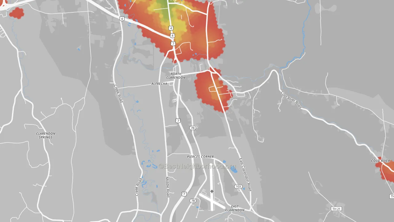 Walk Grade map of North Clarendon, VT, walkable areas in green and car-dependent areas in red