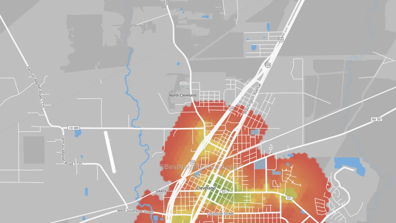 Walk Grade map of North Cleveland, TX, walkable areas in green and car-dependent areas in red