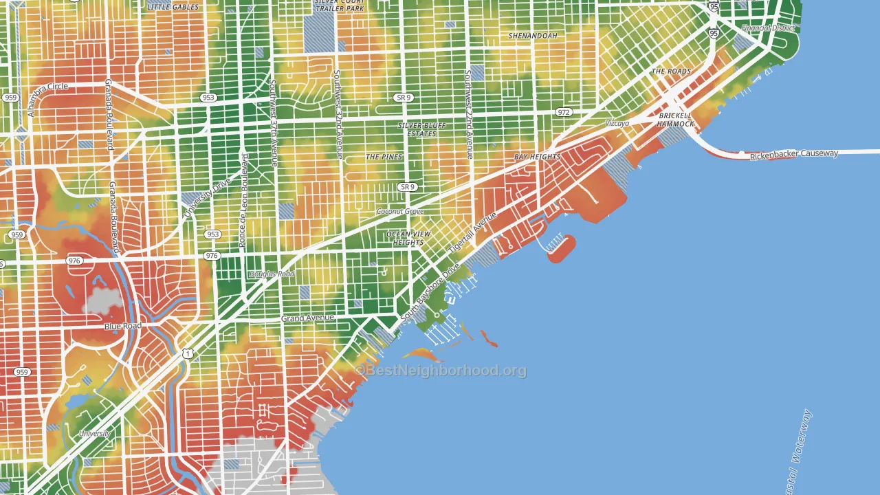 Walk Grade map of North Coconut Grove, Miami, FL, walkable areas in green and car-dependent areas in red