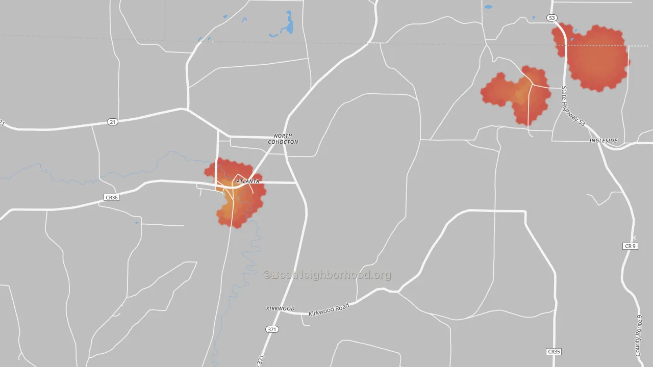 Walk Grade map of North Cohocton, NY, walkable areas in green and car-dependent areas in red