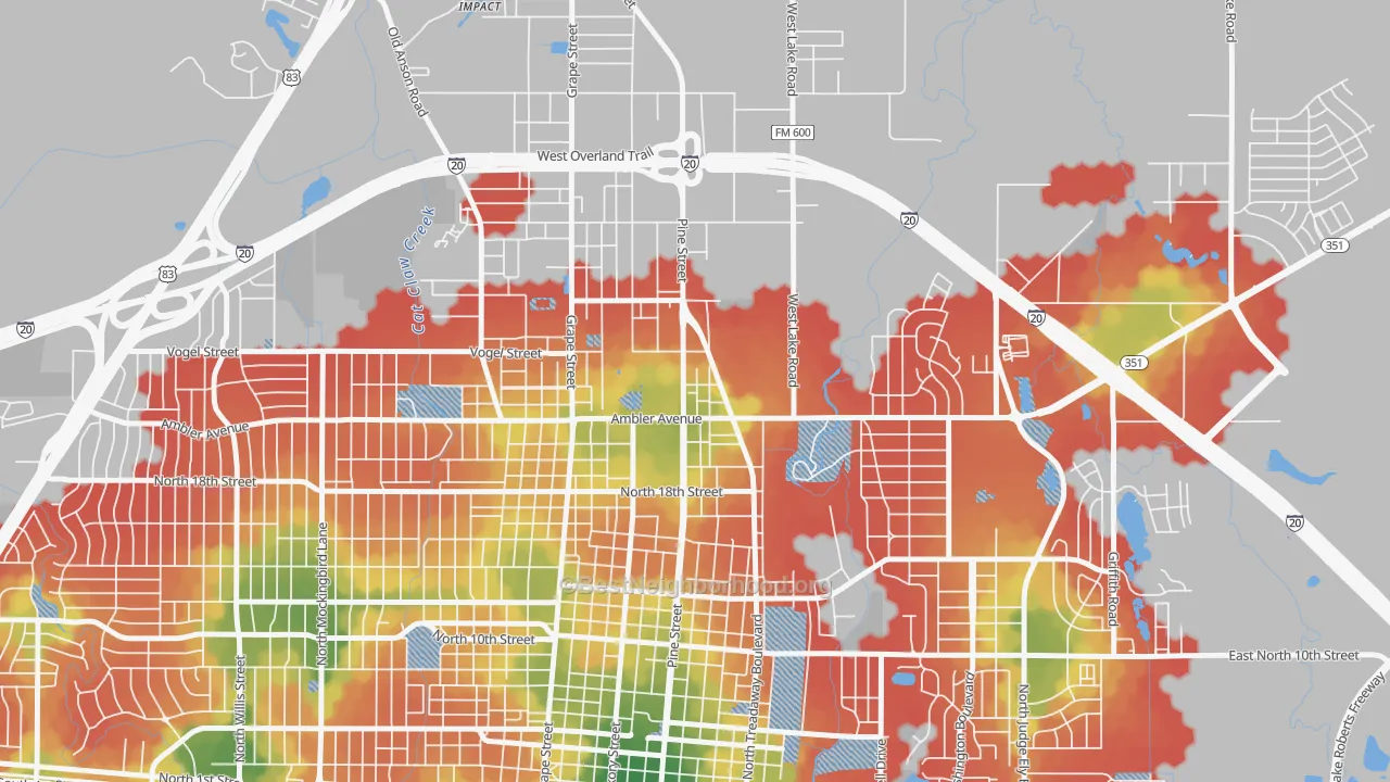 Walk Grade map of North College, Abilene, TX, walkable areas in green and car-dependent areas in red