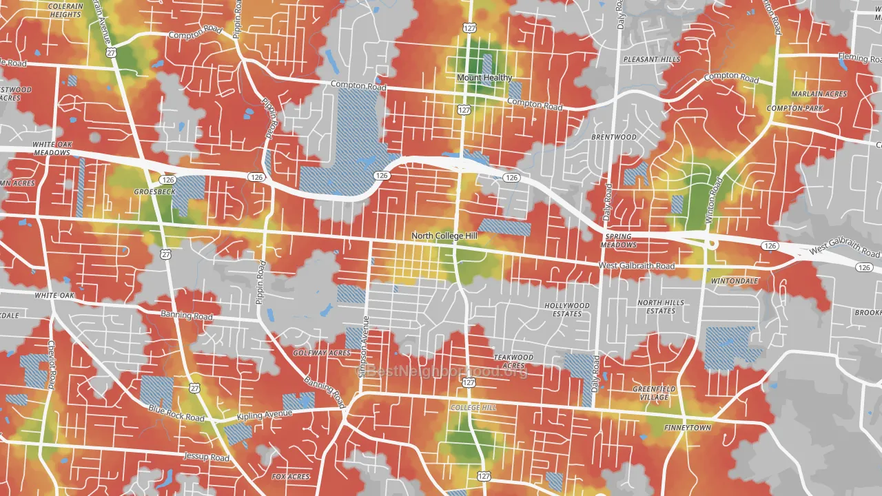 Walk Grade map of North College Hill, OH, walkable areas in green and car-dependent areas in red