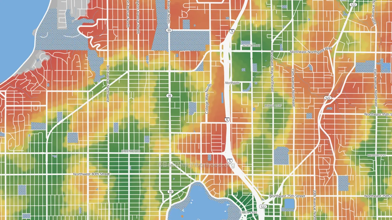 Walk Grade map of North College Park, Seattle, WA, walkable areas in green and car-dependent areas in red