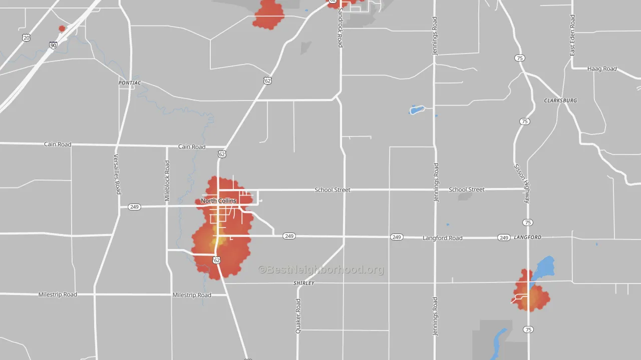 Walk Grade map of North Collins, NY, walkable areas in green and car-dependent areas in red