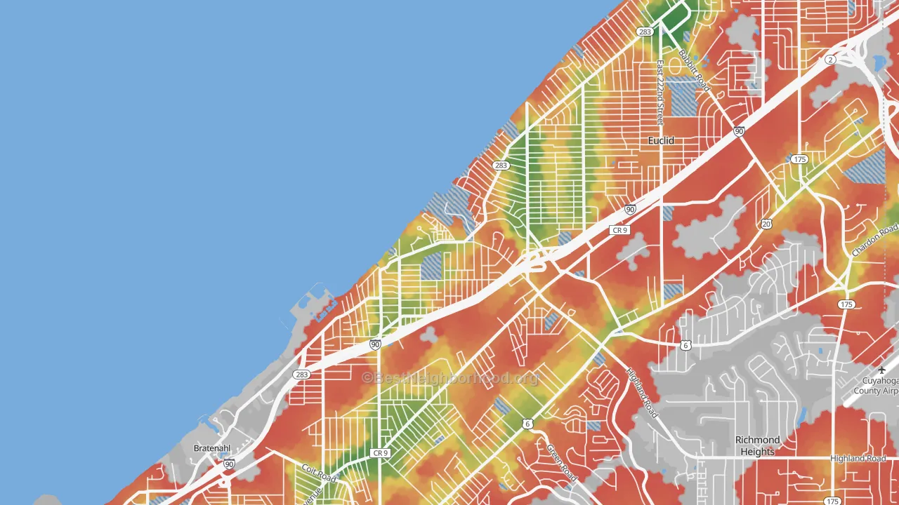 Walk Grade map of North Collinwood, Cleveland, OH, walkable areas in green and car-dependent areas in red