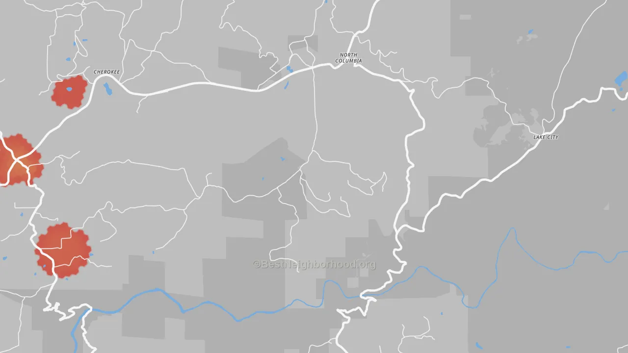 Walk Grade map of North Columbia, CA, walkable areas in green and car-dependent areas in red