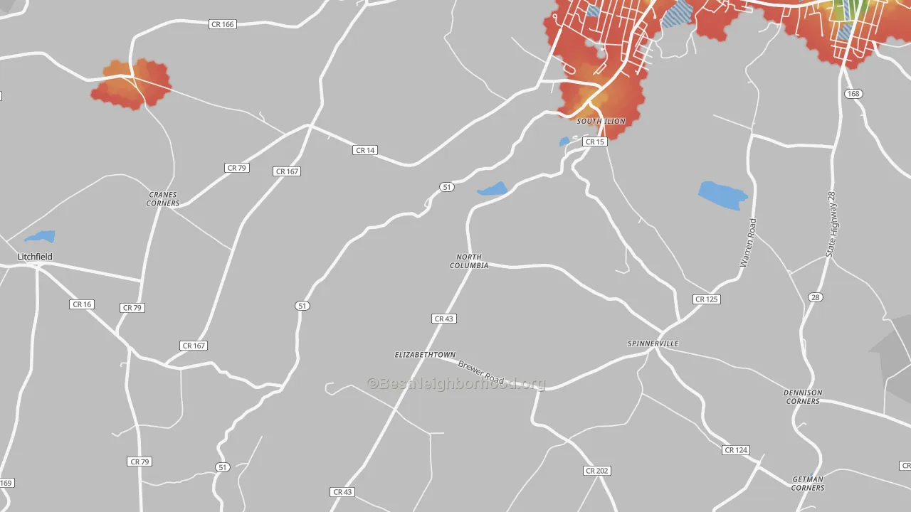 Walk Grade map of North Columbia, NY, walkable areas in green and car-dependent areas in red