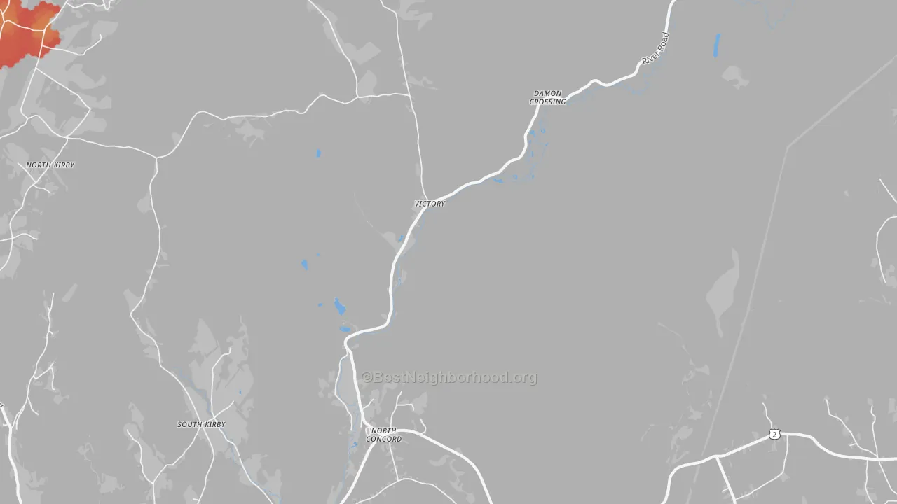 Walk Grade map of North Concord, VT, walkable areas in green and car-dependent areas in red
