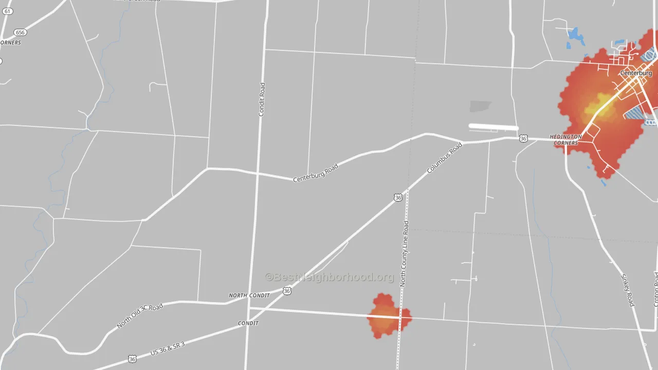 Walk Grade map of North Condit, OH, walkable areas in green and car-dependent areas in red