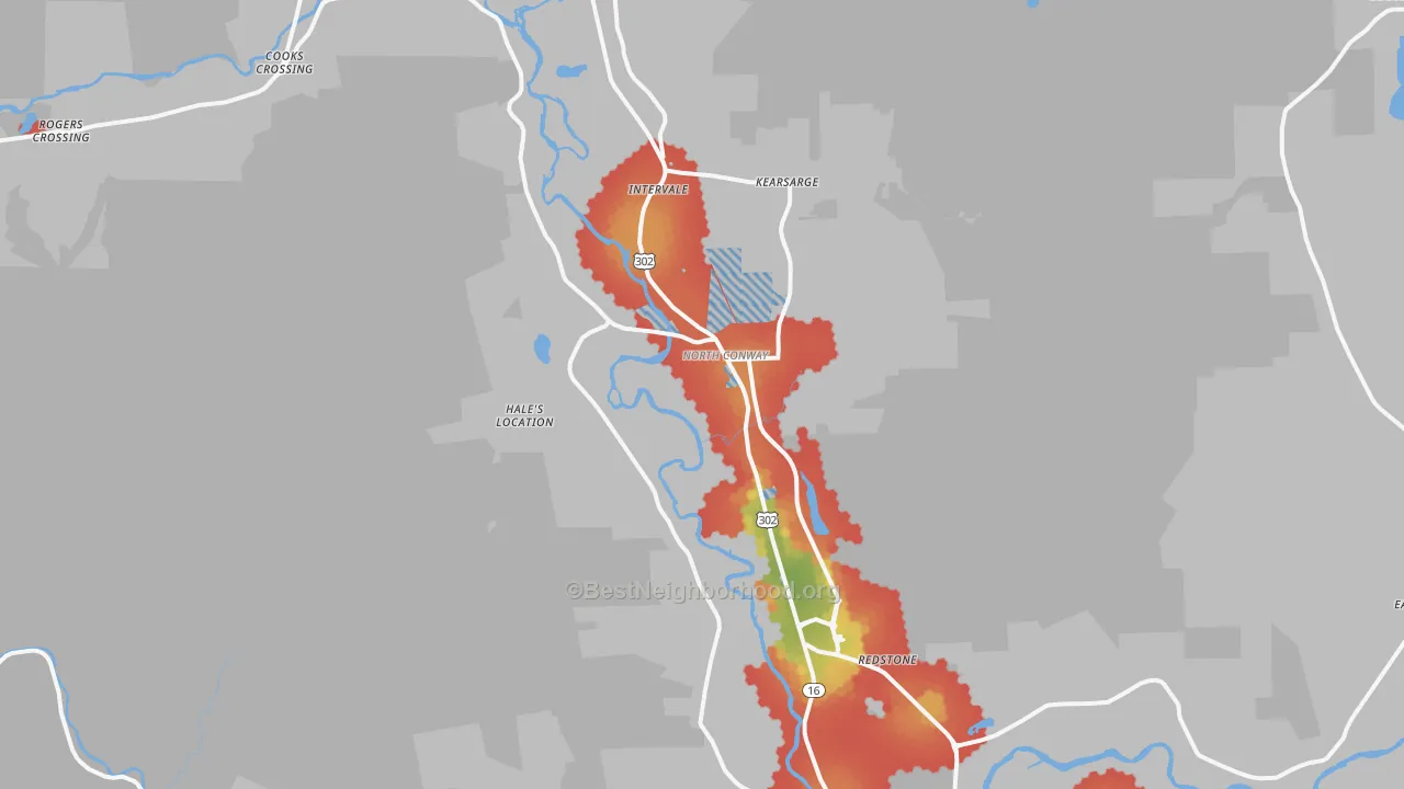 Walk Grade map of North Conway, NH, walkable areas in green and car-dependent areas in red