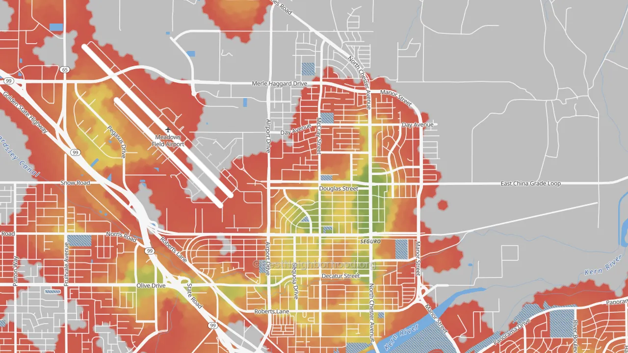 Walk Grade map of North Country Meadows, Oildale, CA, walkable areas in green and car-dependent areas in red