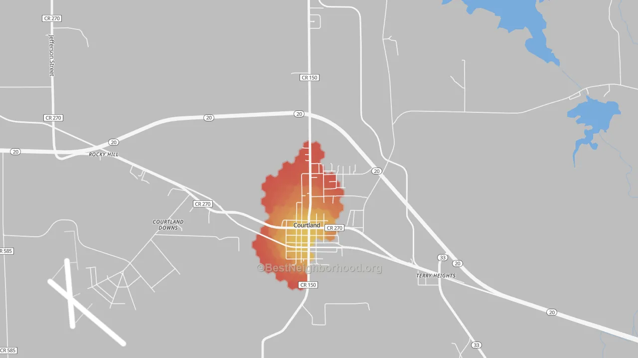 Walk Grade map of North Courtland, AL, walkable areas in green and car-dependent areas in red