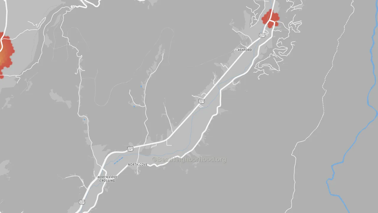 Walk Grade map of North Cove, NC, walkable areas in green and car-dependent areas in red
